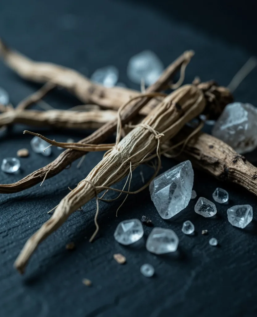 Botanical roots and mineral crystals on dark surface