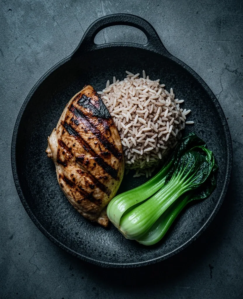 Balanced meal plate with chicken, rice, and vegetables