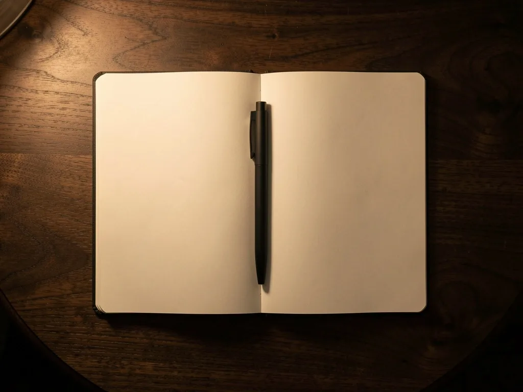 Open notebook with pen on a wooden desk