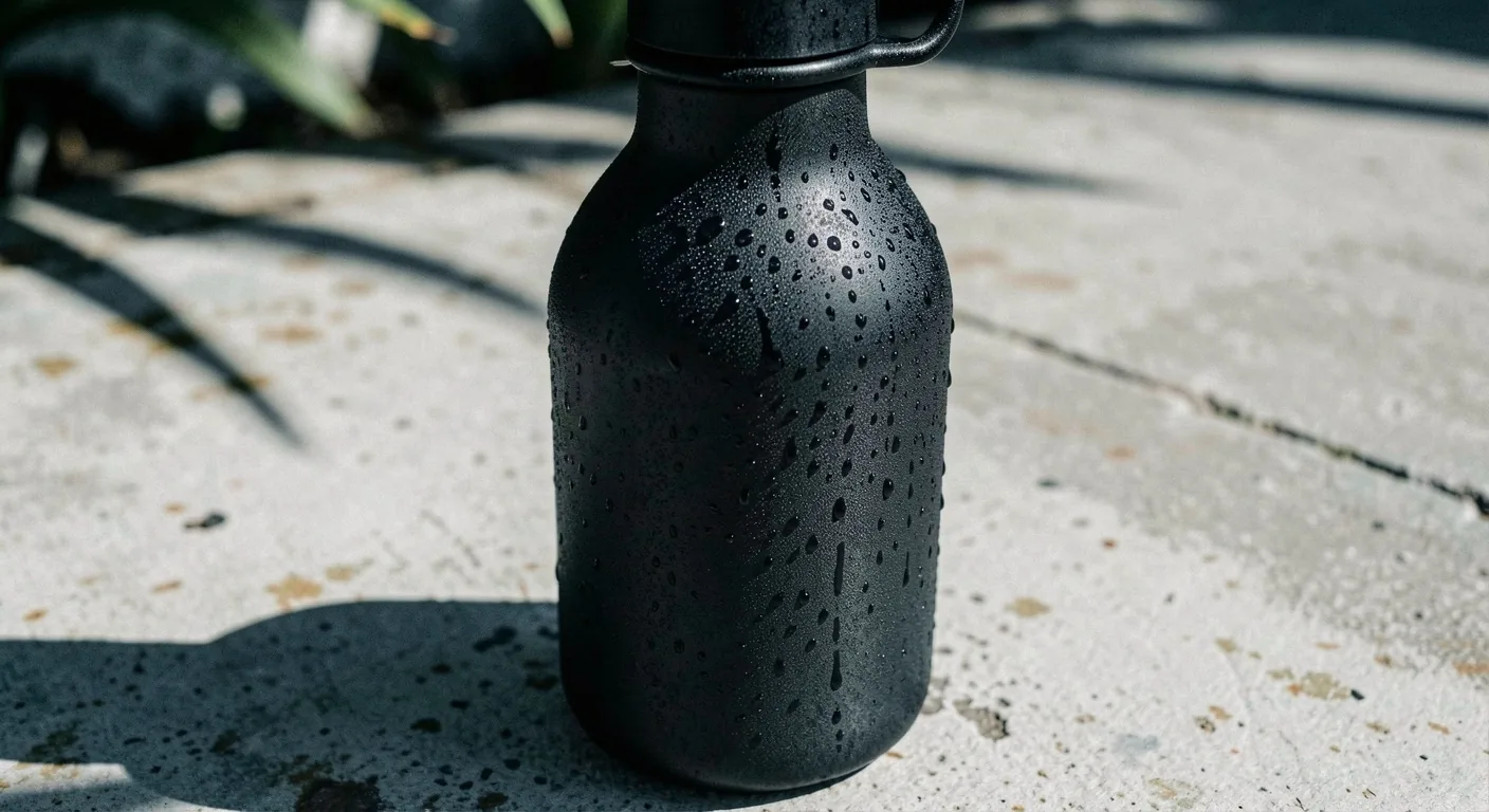 Water bottle with condensation on hot concrete