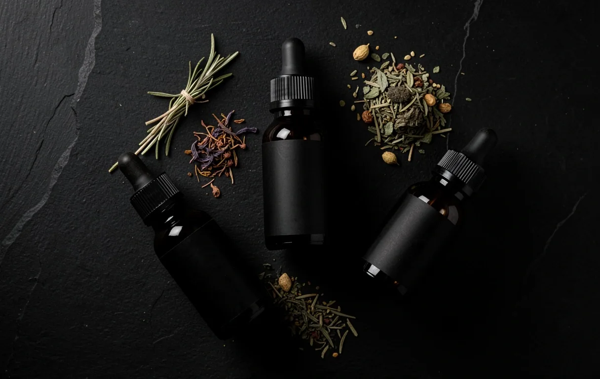 Botanical supplement ingredients on dark surface