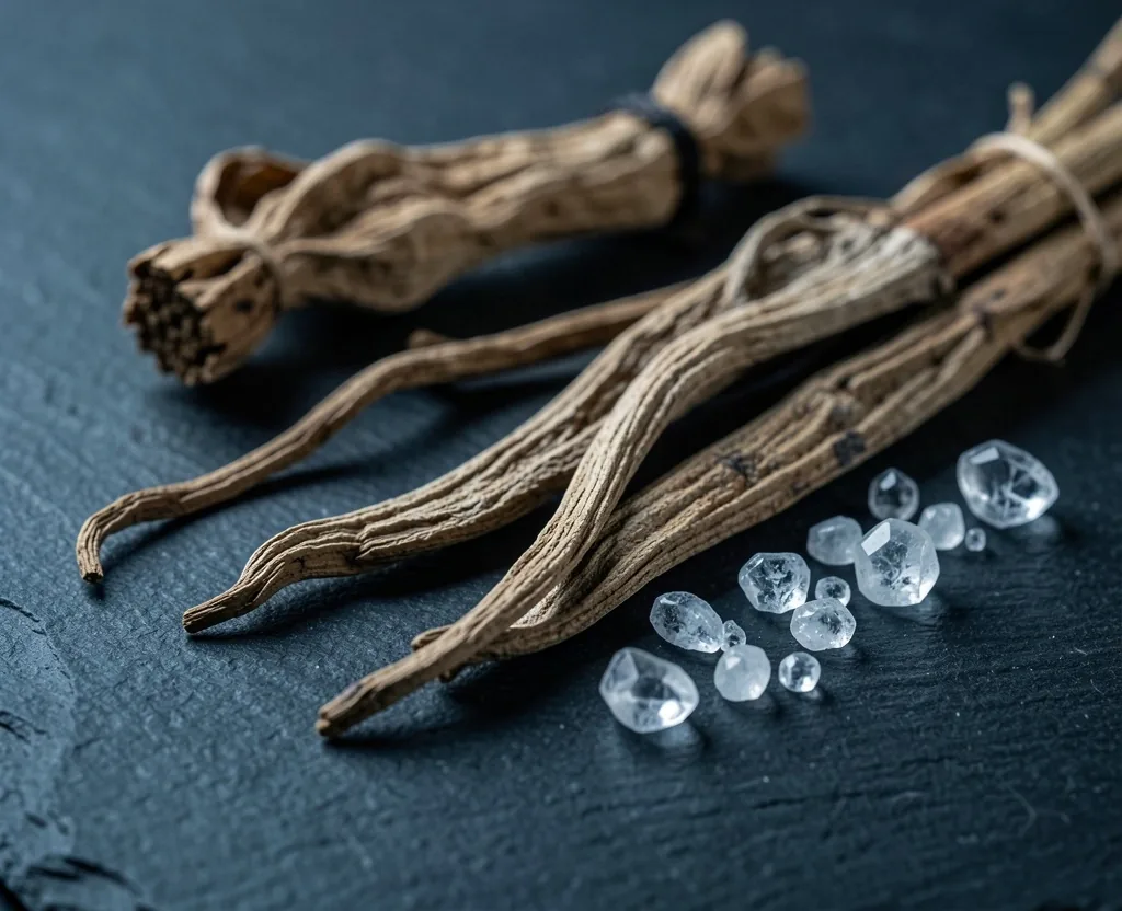 Dried botanical roots and mineral crystals on dark slate
