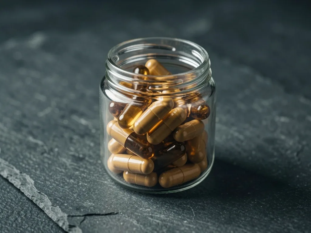 Glass jar of botanical supplement capsules on a dark surface