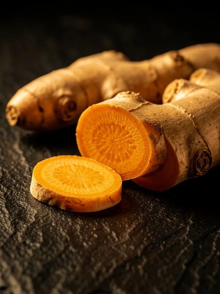 Fresh turmeric and ginger root on stone