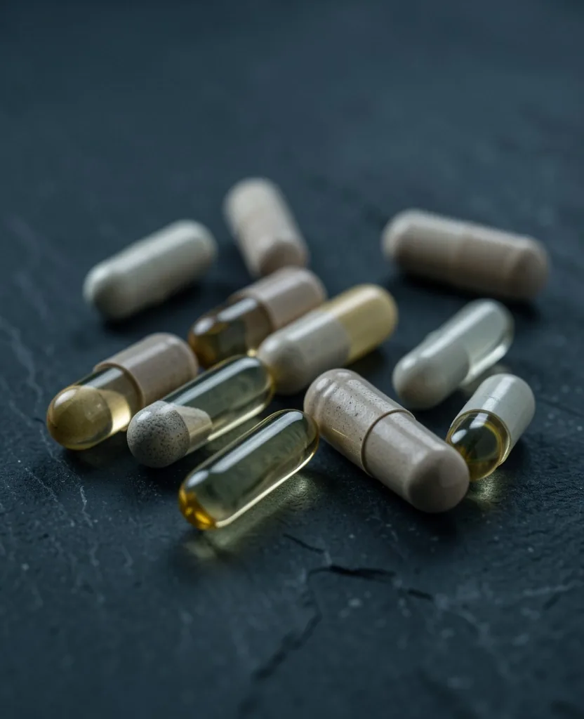Natural supplement capsules on a dark surface