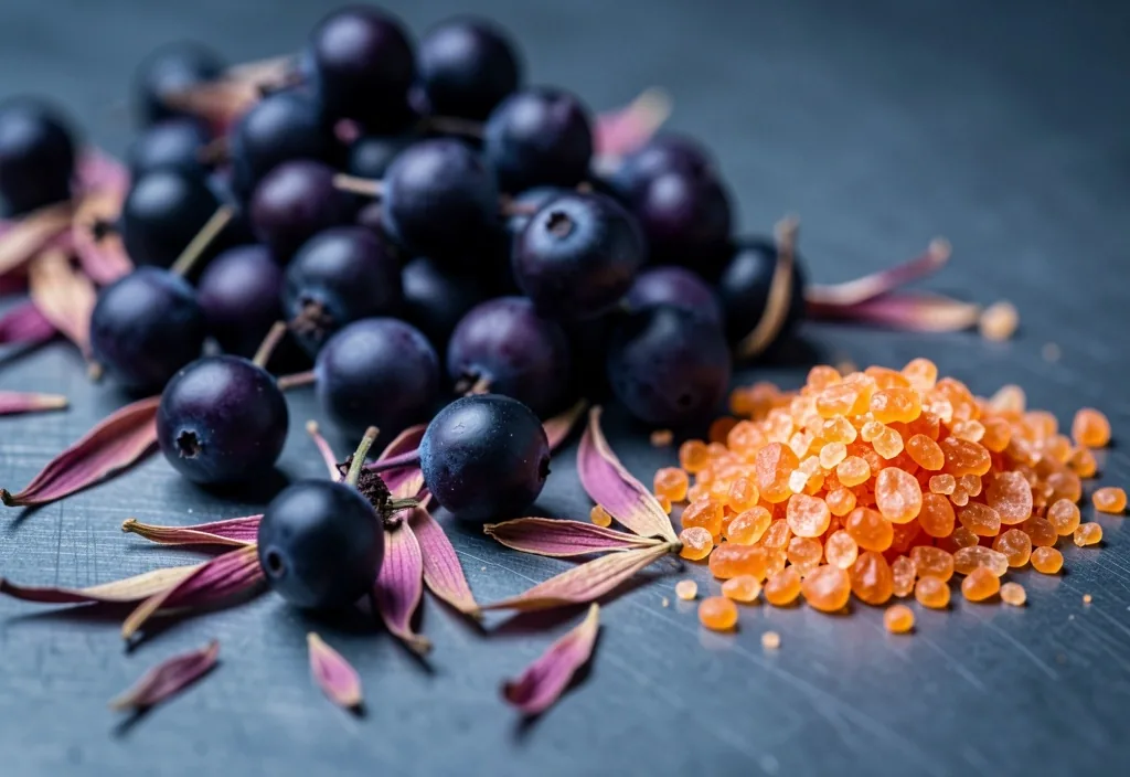 Elderberries and vitamin C crystals on a dark surface