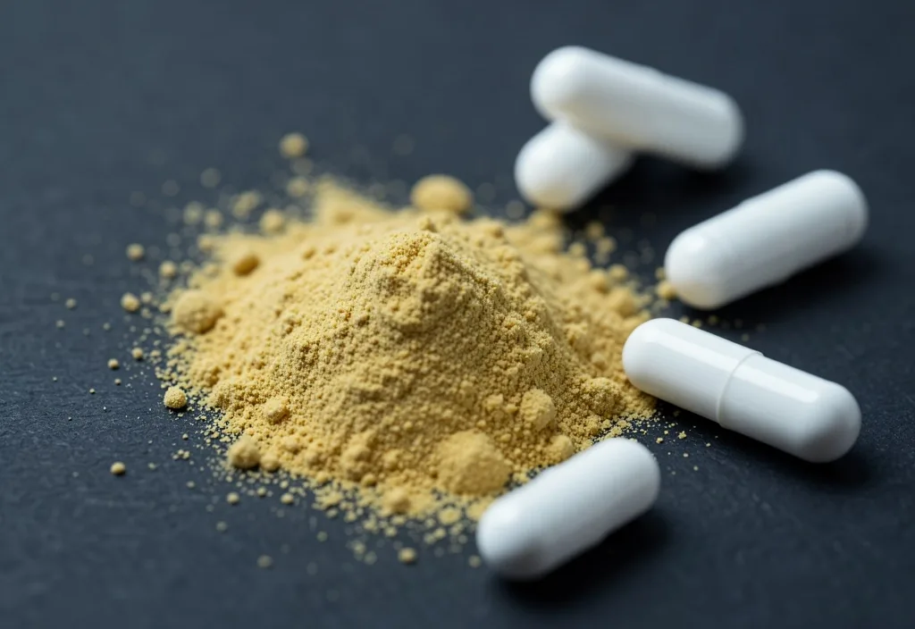 Psyllium husk powder and capsules on a dark surface
