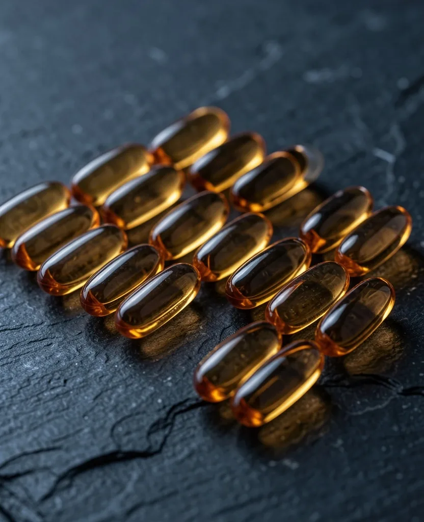 Vitamin capsules on a dark surface